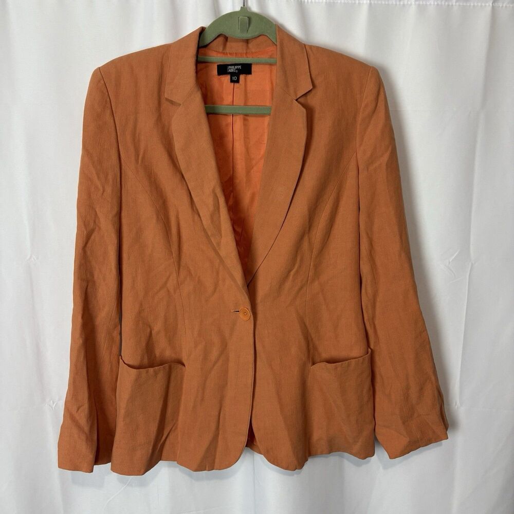 Phillipe Adec Womens Blazer Size 10 Orange Linen Long Sleeve Career Jacket
